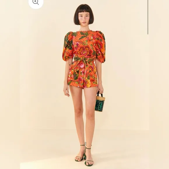 Farm Rio Women’s Orange Blooming Garden High Rise Paperbag Belted Shorts XL NWT