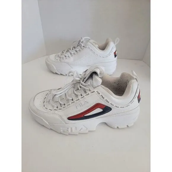 Fila Women's White Leather Lace Up Round Toe Disruptor Sneakers Shoes Size 9
