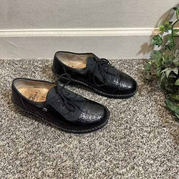 FINN COMFORT GERMANY Black Croc Leather Oxford Lace Up Shoes UK 4 US 6.5 Sevilla