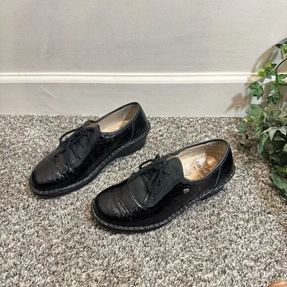 FINN COMFORT GERMANY Black Croc Leather Oxford Lace Up Shoes UK 4 US 6.5 Sevilla