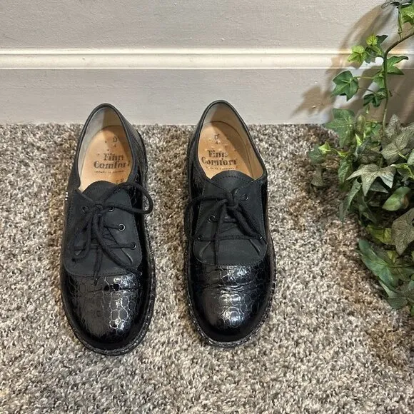 FINN COMFORT GERMANY Black Croc Leather Oxford Lace Up Shoes UK 4 US 6.5 Sevilla