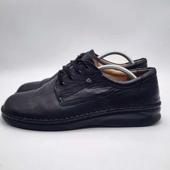 Finn Comfort Men's Metz Black Leather Shoes - Size 10 W Lace Up Logo