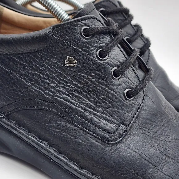 Finn Comfort Men's Metz Black Leather Shoes - Size 10 W Lace Up Logo