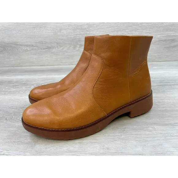 Fitflop Maria Y74-592 Women's 7 Brown Leather Side Zip Biker Ankle Bootie Boot