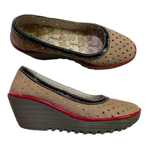 Fly London Perforated Wedge Platform Shoe Size 39 Suede