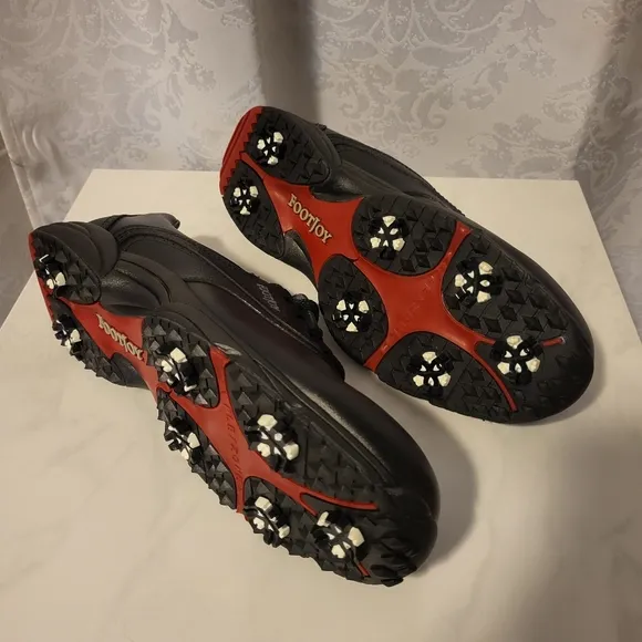 Footjoy Greenjoys  Men's Golf Shoes, Size 12W, Black, Red Bottom Sole Detail