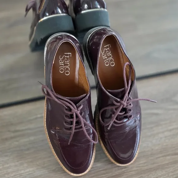 Franco Sarto Charles Burgundy Faux Patent Lug Sole Oxford Shoes, Size 8