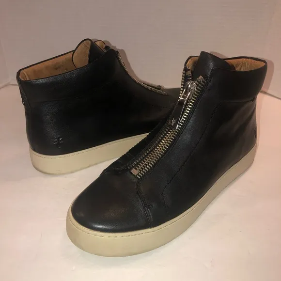 Frye Black Leather Lena Front Zip Up High Top Sneaker Shoes sz 10