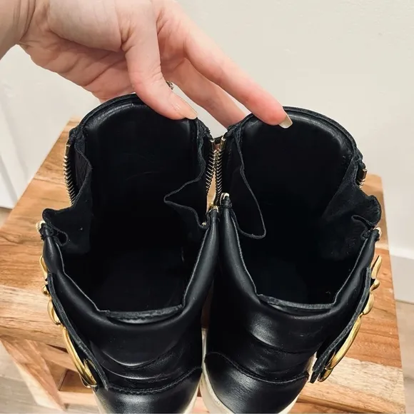 Giuseppe Zanotti Black Gold Wings Leather Lace Up Zip High Top Sneakers Shoes 6