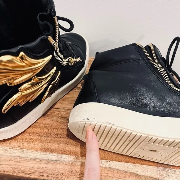 Giuseppe Zanotti Black Gold Wings Leather Lace Up Zip High Top Sneakers Shoes 6
