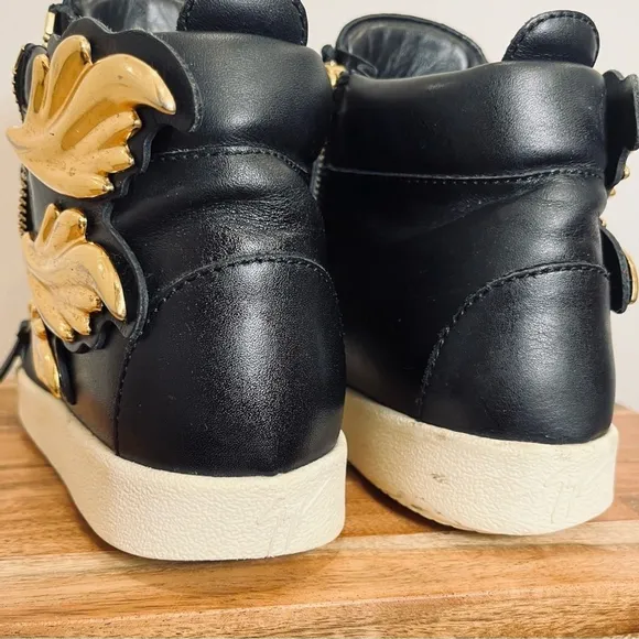 Giuseppe Zanotti Black Gold Wings Leather Lace Up Zip High Top Sneakers Shoes 6