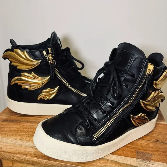 Giuseppe Zanotti Black Gold Wings Leather Lace Up Zip High Top Sneakers Shoes 6