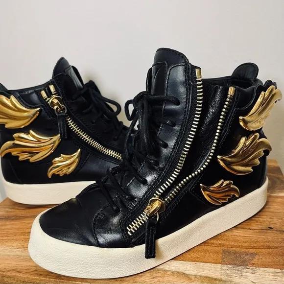Giuseppe Zanotti Black Gold Wings Leather Lace Up Zip High Top Sneakers Shoes 6