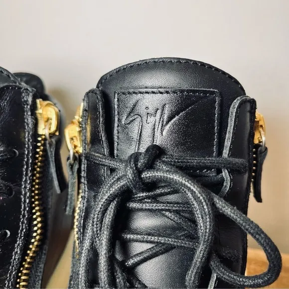 Giuseppe Zanotti Black Gold Wings Leather Lace Up Zip High Top Sneakers Shoes 6