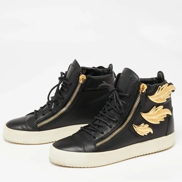 Giuseppe Zanotti Black Gold Wings Leather Lace Up Zip High Top Sneakers Shoes 6