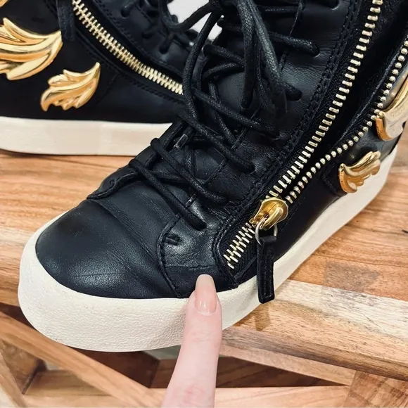 Giuseppe Zanotti Black Gold Wings Leather Lace Up Zip High Top Sneakers Shoes 6