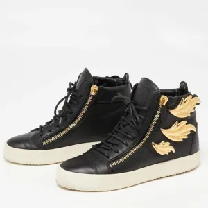 Giuseppe Zanotti Black Gold Wings Leather Lace Up Zip High Top Sneakers Shoes 6