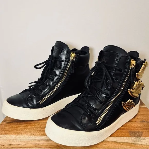 Giuseppe Zanotti Black Gold Wings Leather Lace Up Zip High Top Sneakers Shoes 6