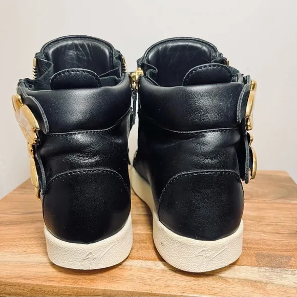Giuseppe Zanotti Black Gold Wings Leather Lace Up Zip High Top Sneakers Shoes 6