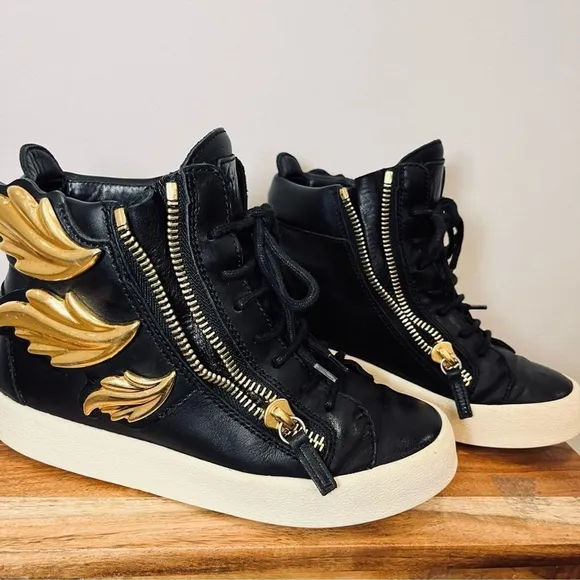 Giuseppe Zanotti Black Gold Wings Leather Lace Up Zip High Top Sneakers Shoes 6
