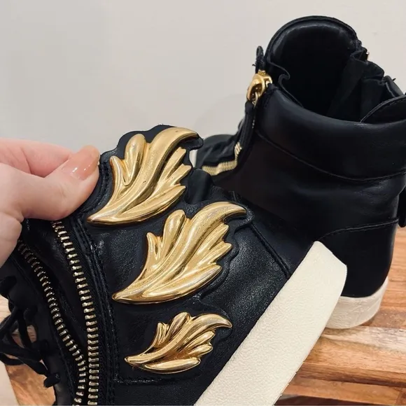 Giuseppe Zanotti Black Gold Wings Leather Lace Up Zip High Top Sneakers Shoes 6