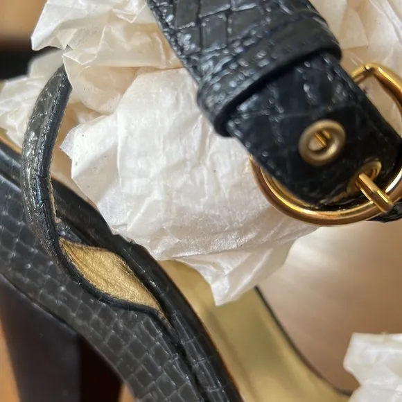 Goldenbleu Blue Alligator High Heels with Gold Buckles Size 39.5 US 8.5