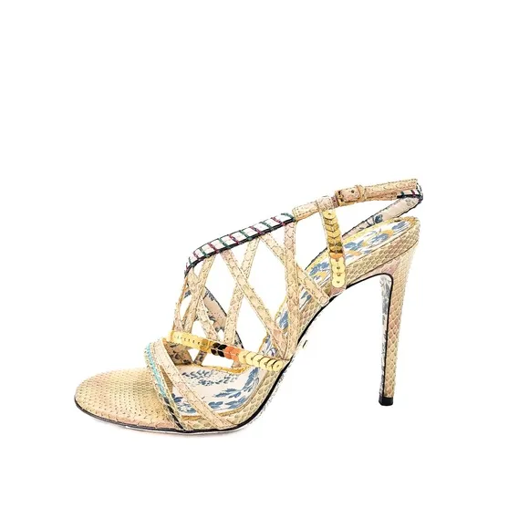 Gucci Python Ivory Strappy Gold Sequin High Heels Shoes EU 37.5