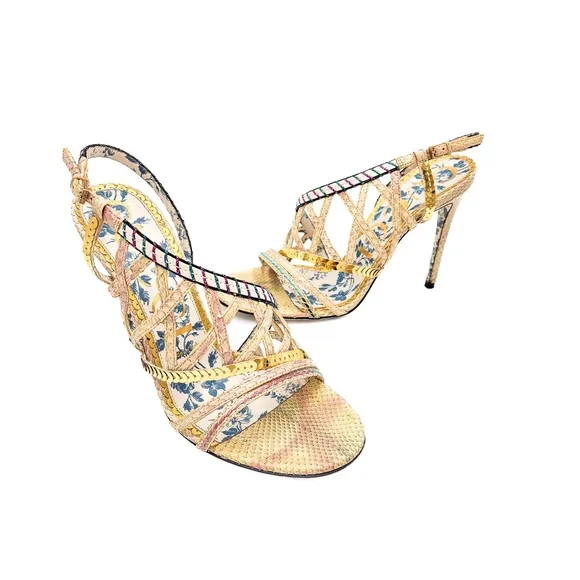 Gucci Python Ivory Strappy Gold Sequin High Heels Shoes EU 37.5