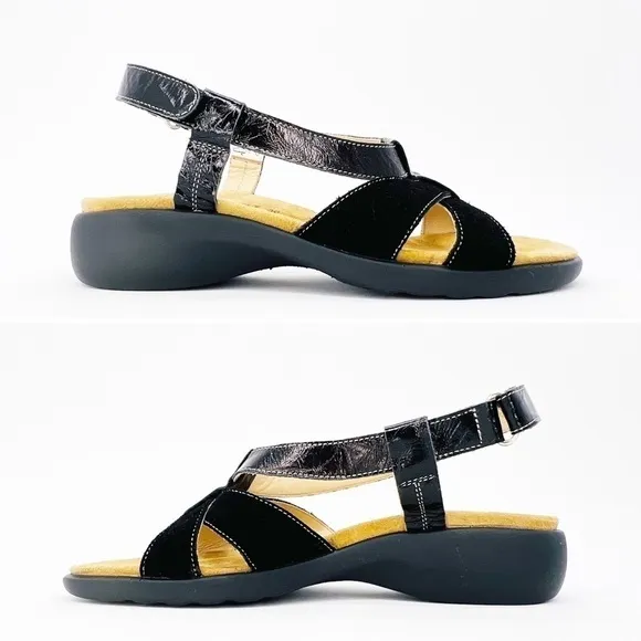 Haflinger Sandals Women’s Euro Size 38=US 7 Black Suede Patent Leather Like New