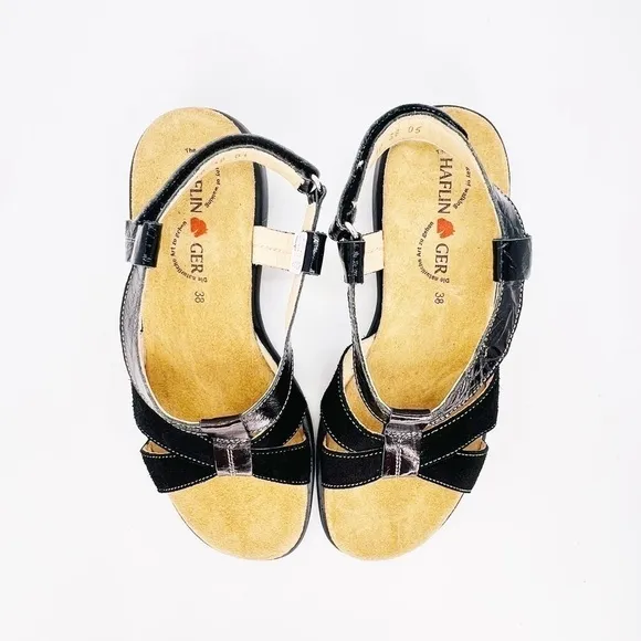 Haflinger Sandals Women’s Euro Size 38=US 7 Black Suede Patent Leather Like New
