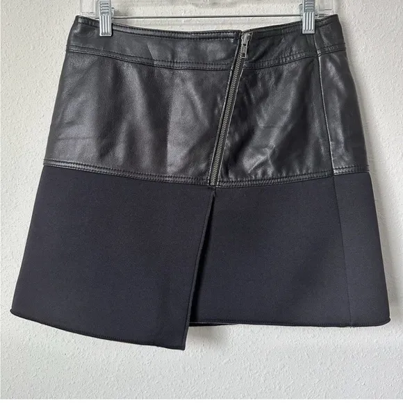 Halogen Asymmetrical Zip Leather &amp; Scuba Knit Skirt black faux wrap Size 8