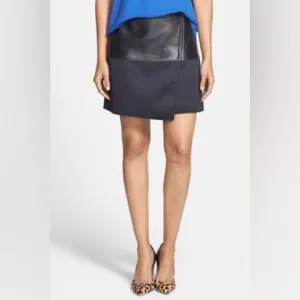 Halogen Asymmetrical Zip Leather &amp; Scuba Knit Skirt black faux wrap Size 8