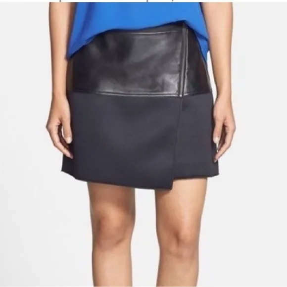 Halogen Asymmetrical Zip Leather &amp; Scuba Knit Skirt black faux wrap Size 8