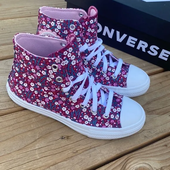 High Top Converse Rose Maroon Cherry blossom Kids Girl Size 3 New