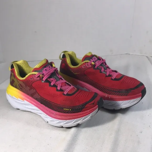 Hoka Bondi 5 Virual Pink/ Blazing Yellow Women's Lace Up Running Athletic Shoes