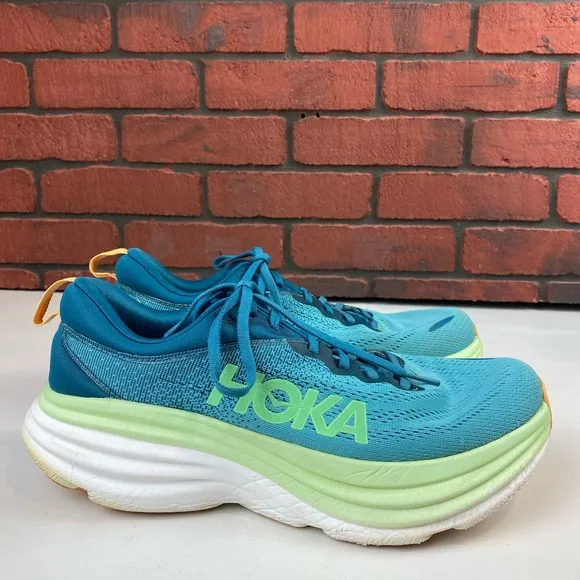 Hoka One One Bondi 8  Size 9.5D Men’s Teal and Lime Running Shoes