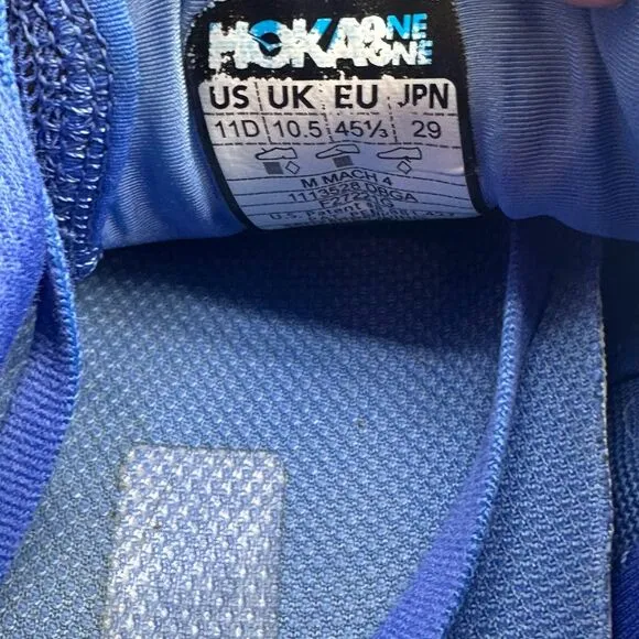 Hoka One One Mach 4 Men's 11 Blue Athletic Running Sneakers Lace-Up Low Top
