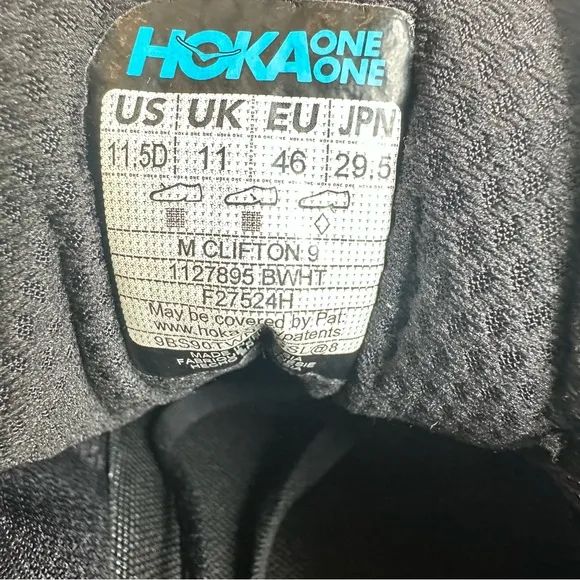 Hoka One One Men’s Clifton 9 Shoes Sneakers Black White Size 11.5 Breathable