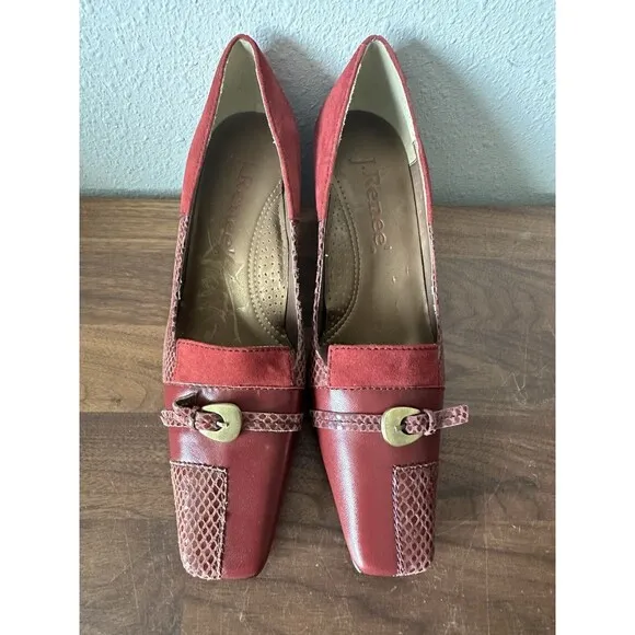 J Renee Leather Devita Shoes Womens Size 7 Square Toe Burgundy Patchwork Maroon