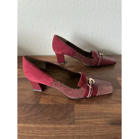 J Renee Leather Devita Shoes Womens Size 7 Square Toe Burgundy Patchwork Maroon