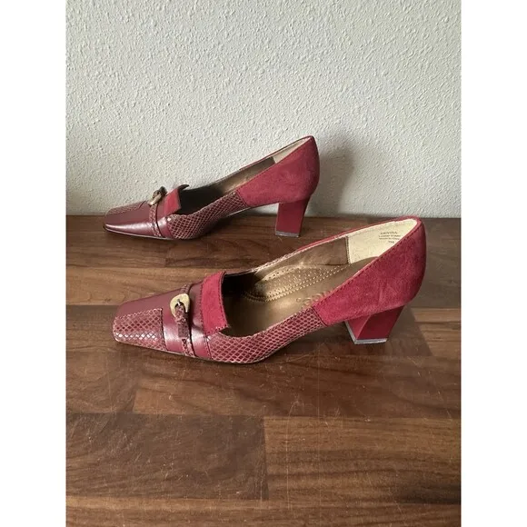 J Renee Leather Devita Shoes Womens Size 7 Square Toe Burgundy Patchwork Maroon