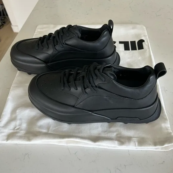 Jil Sander Low Top Sneakers Leather Lace-Up Cleats, Black, NEW Size EU41 / US8