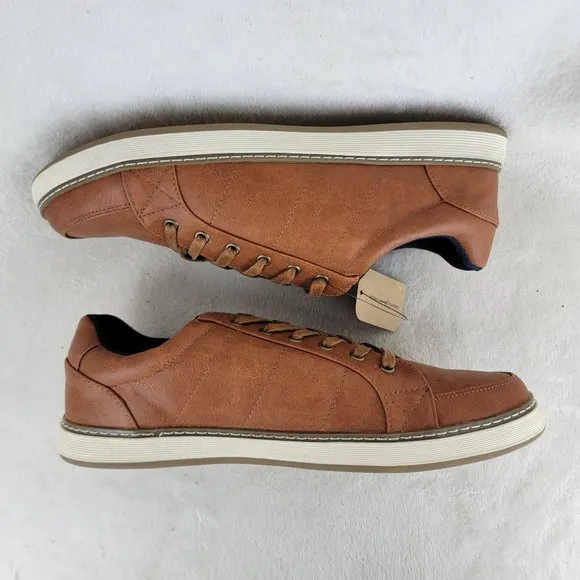 Jousen Mens Brown Leather Lace-Up Low Top Fashion Sneaker Casual Shoes Size 9.5