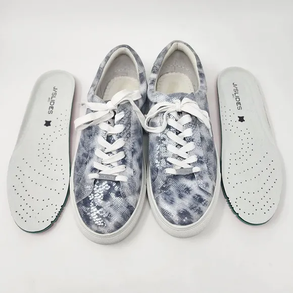 J/Slides Sneaker Women 9.5M Lucki Silver Metallic Snake Leather Comfort Studded