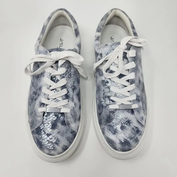 J/Slides Sneaker Women 9.5M Lucki Silver Metallic Snake Leather Comfort Studded