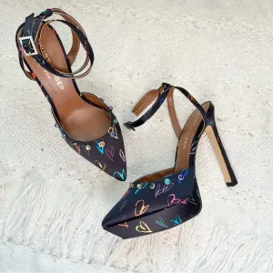 Kurt Geiger OCTAVIA Heels Black Satin Colorful Hearts Rhinestones Platforms 7.5