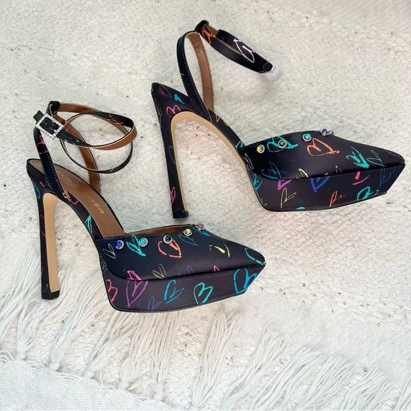 Kurt Geiger OCTAVIA Heels Black Satin Colorful Hearts Rhinestones Platforms 7.5