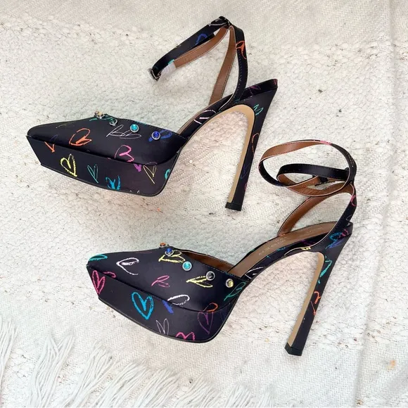 Kurt Geiger OCTAVIA Heels Black Satin Colorful Hearts Rhinestones Platforms 7.5
