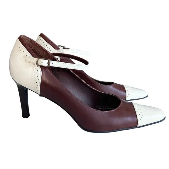 Lauren Ralph Lauren shoes women's 8 heels Mary Jane saddle brown bone Brazil