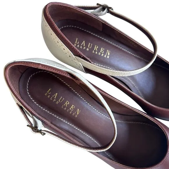 Lauren Ralph Lauren shoes women's 8 heels Mary Jane saddle brown bone Brazil